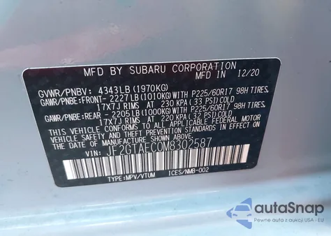 2021 Subaru Crosstrek Premium z USA, uszkodzony, nr VIN JF2GTAEC0M8302587